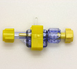 Delta-Flow™ II 30cc male flow-through flush device with Snap Tab™. Blue tint, yellow caps and clip. Model 250-204